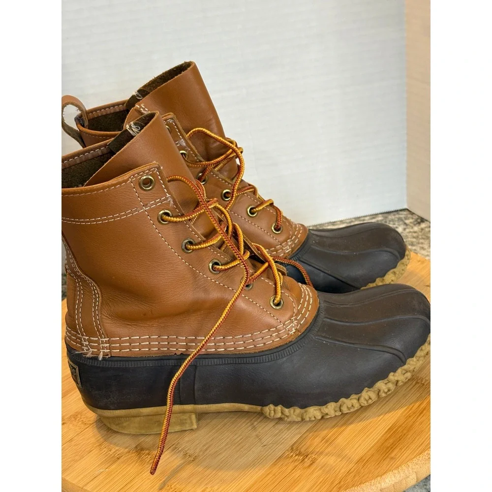 LL Bean Bean Boots Waterproof Leather Rubber Brown‎ Orange Laces Women Size